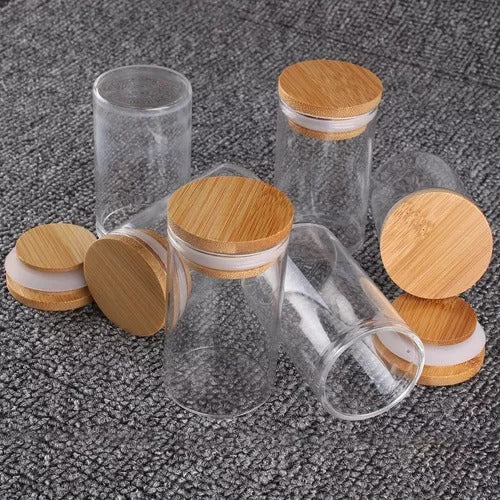 Kit Potes De Vidro Hermético 300ml Tampa De Bambu 12 Peças