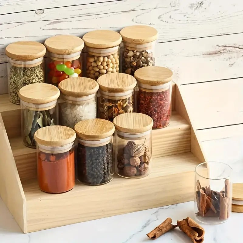 Kit Potes De Vidro Hermético 300ml Tampa De Bambu 12 Peças